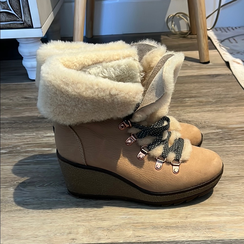 Women's light pink and tan Shearling Wedge Boots